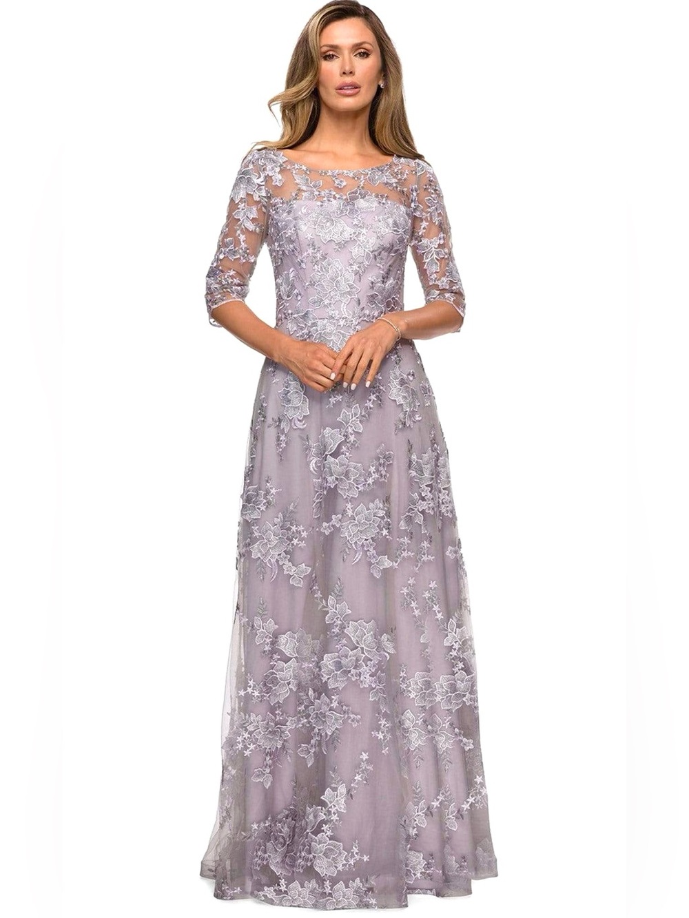 LA FEMME Shimmer Lace A Line Gown NEW Size 16 Lavender Gray Purple Embroidered